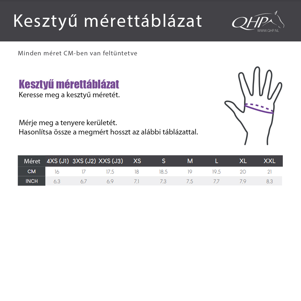 QHP kesztyű mérettáblázat 2023