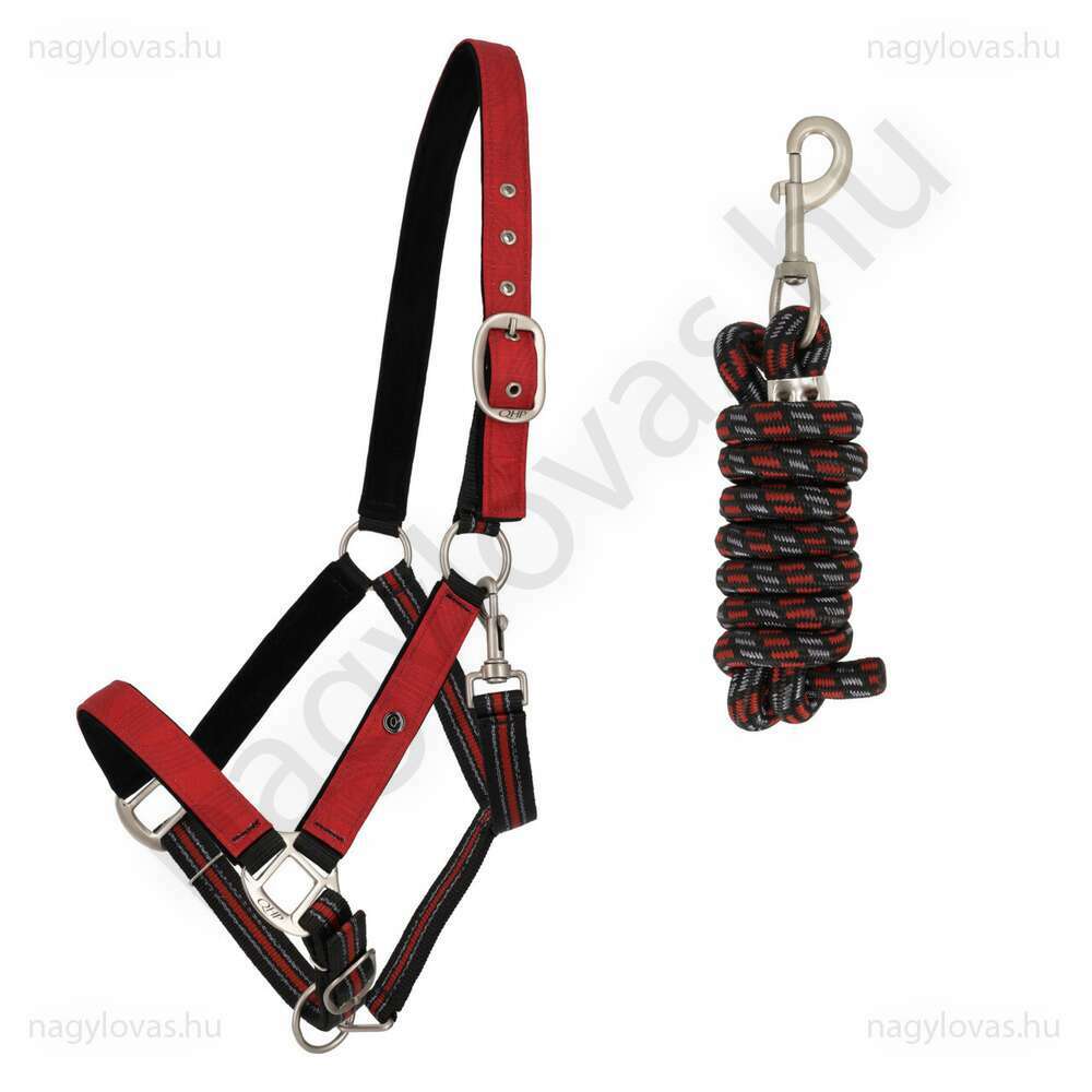 QHP gurtnis bélelt kötőfék vezetőszárral piros póni